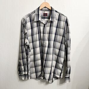Untuckit Plaid Cotton Button Down Dress Shirt XL Navy Blue White Office Work